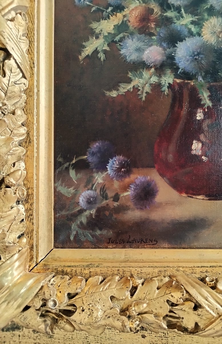 Still Life Oil Painting Bouquet Of Thistles  Flowers By Jules Laurens 19th C-photo-1
