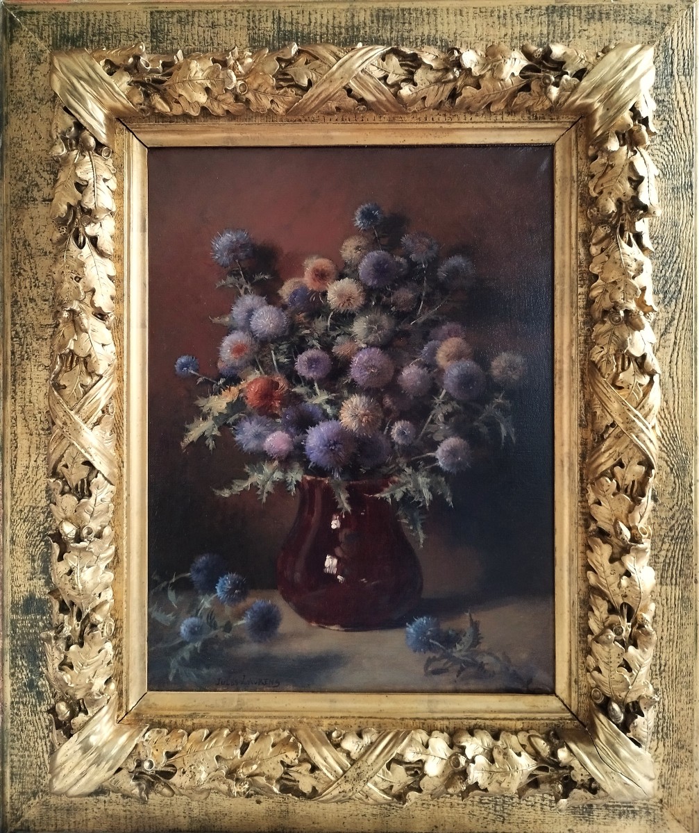 Still Life Oil Painting Bouquet Of Thistles  Flowers By Jules Laurens 19th C