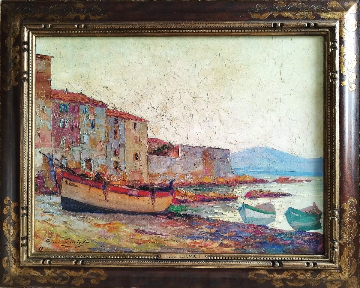  Oil Painting Seascape Saint Tropez La Ponche By Paul Pierre Emiot 20th C-photo-3