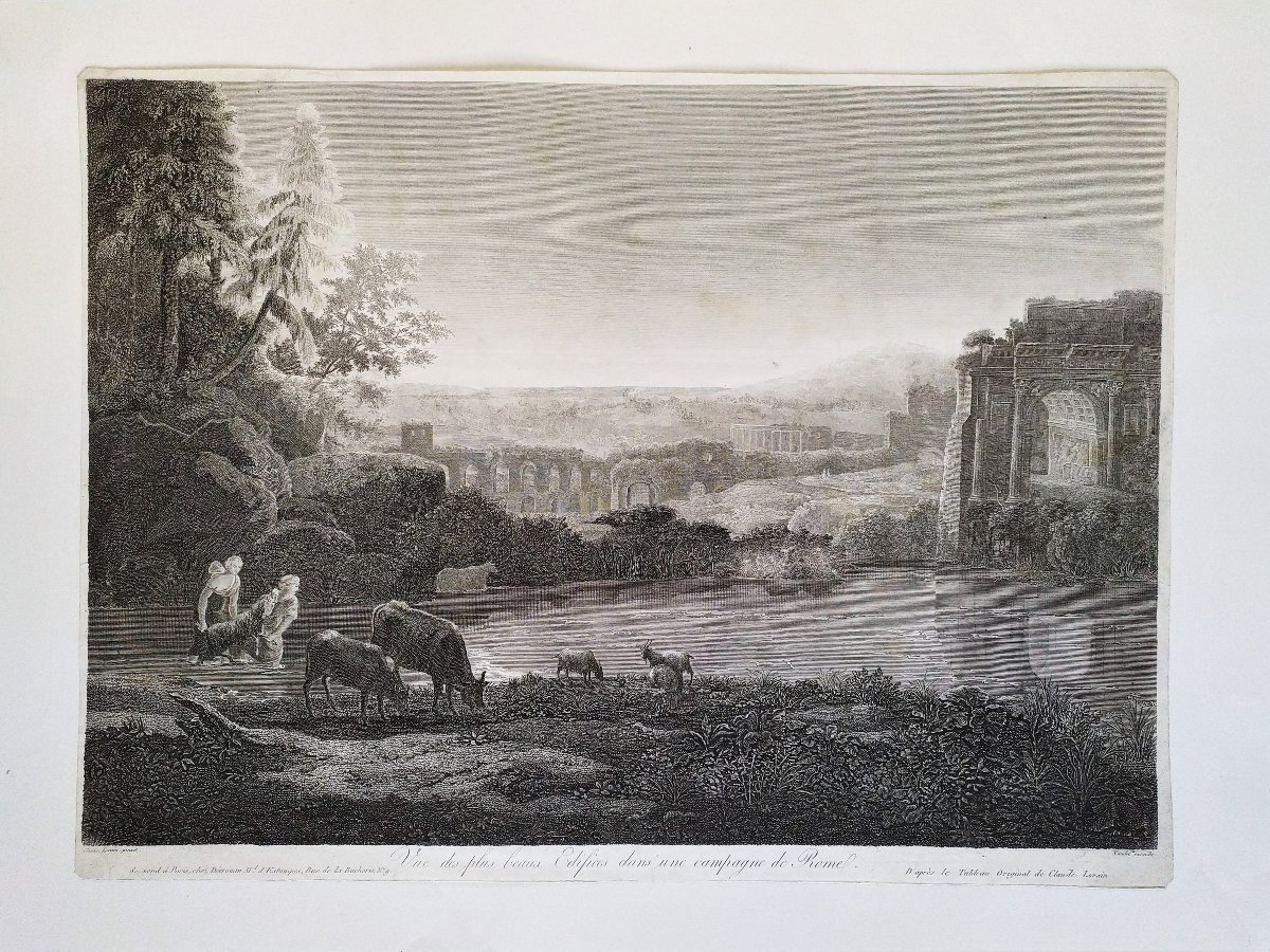 Gravure  ancienne Paysage Italien d'Après Claude Lorrain-photo-2