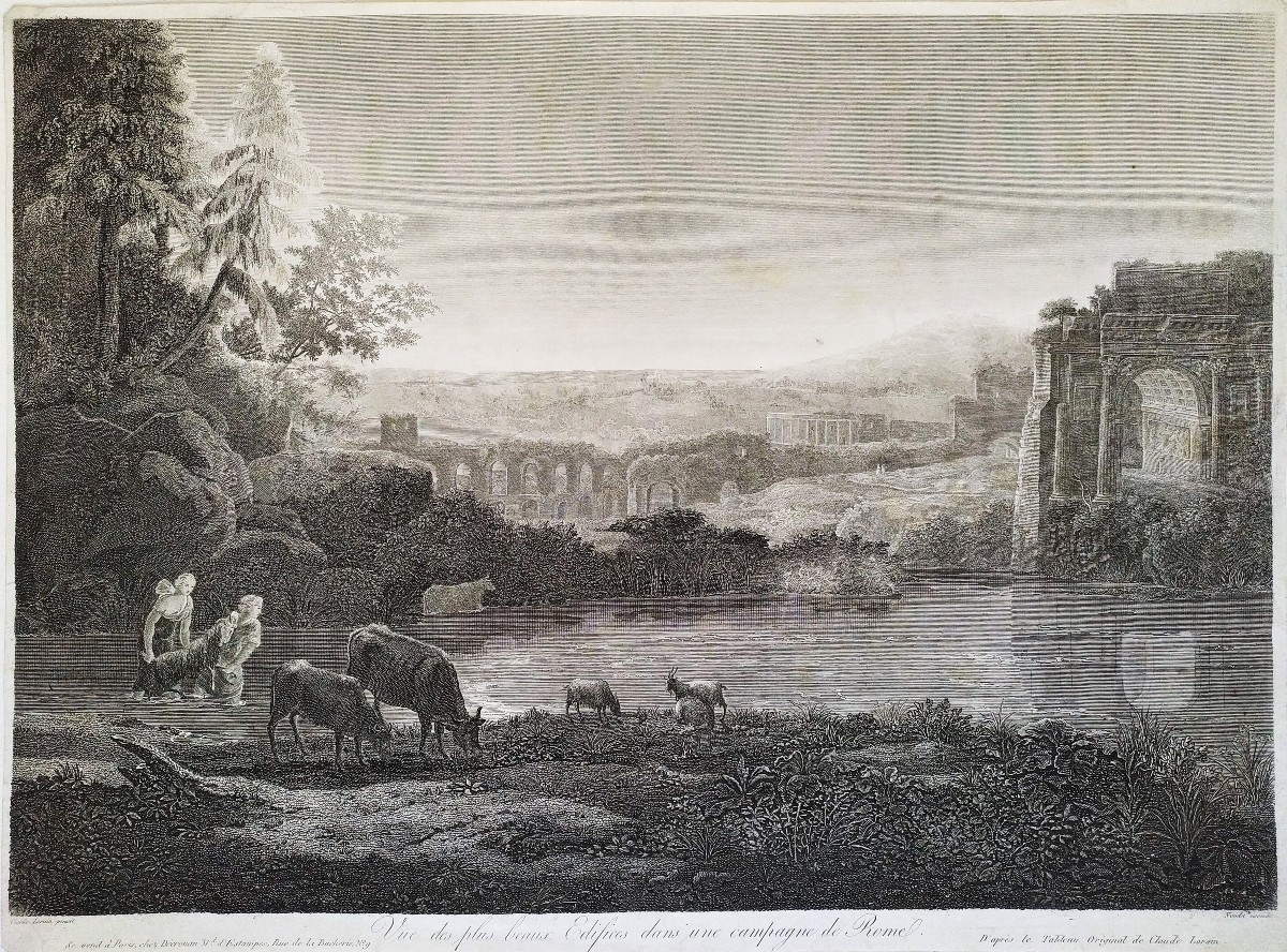 Gravure  ancienne Paysage Italien d'Après Claude Lorrain