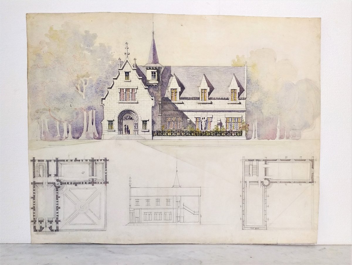 Dessin d'Architecture Aquarelle Manoir Néo-gothique -photo-2