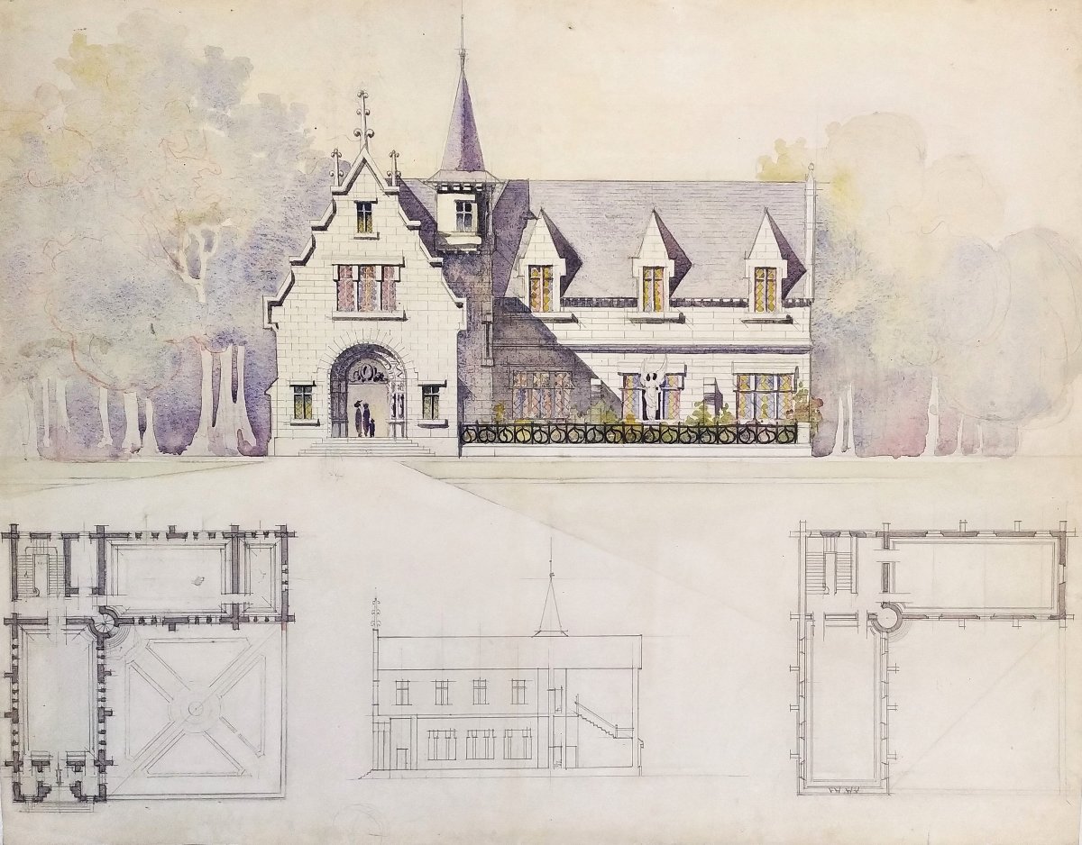 Dessin d'Architecture Aquarelle Manoir Néo-gothique -photo-3