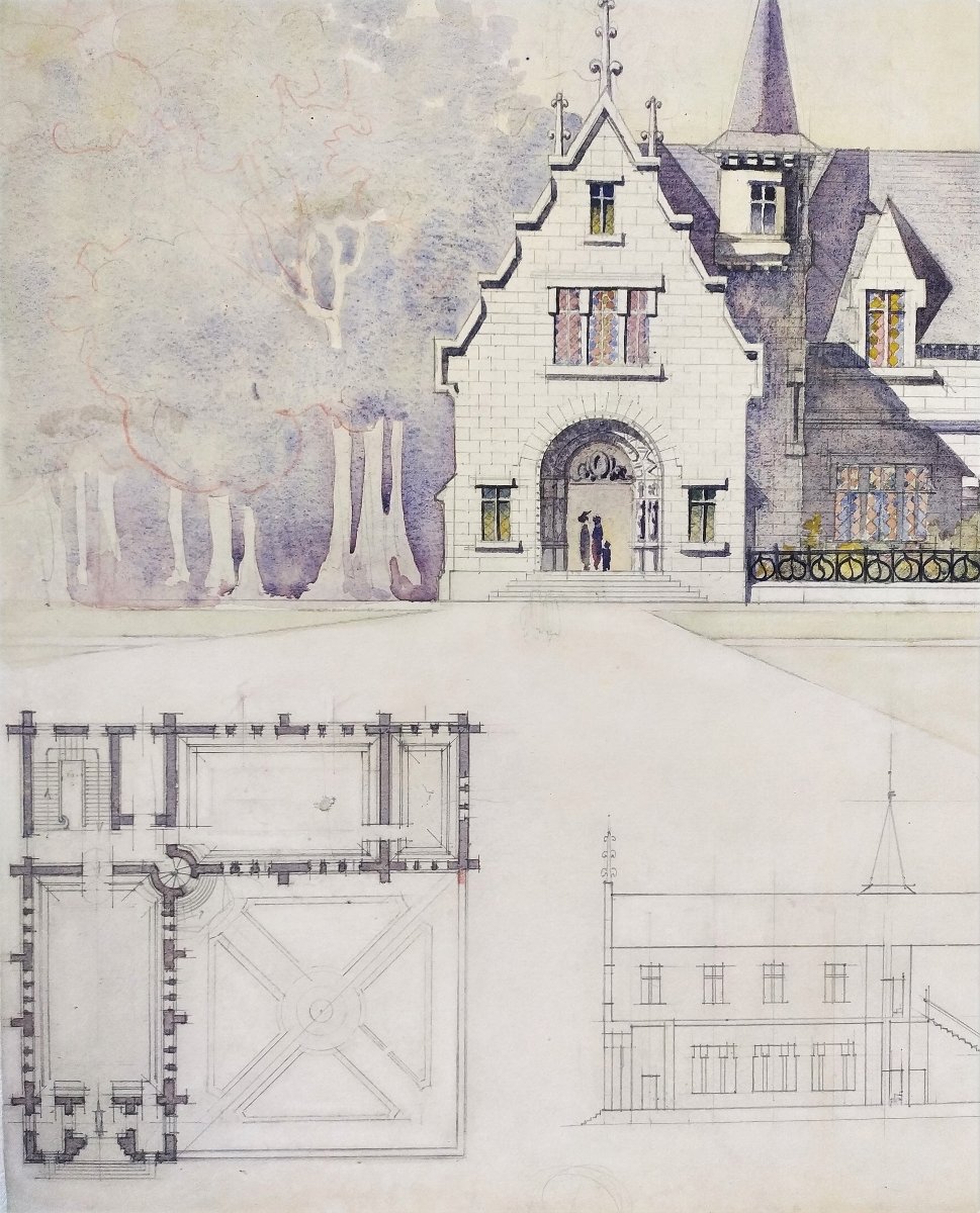 Dessin d'Architecture Aquarelle Manoir Néo-gothique -photo-4