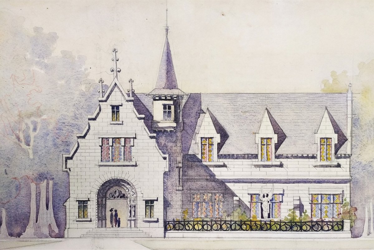 Dessin d'Architecture Aquarelle Manoir Néo-gothique -photo-2