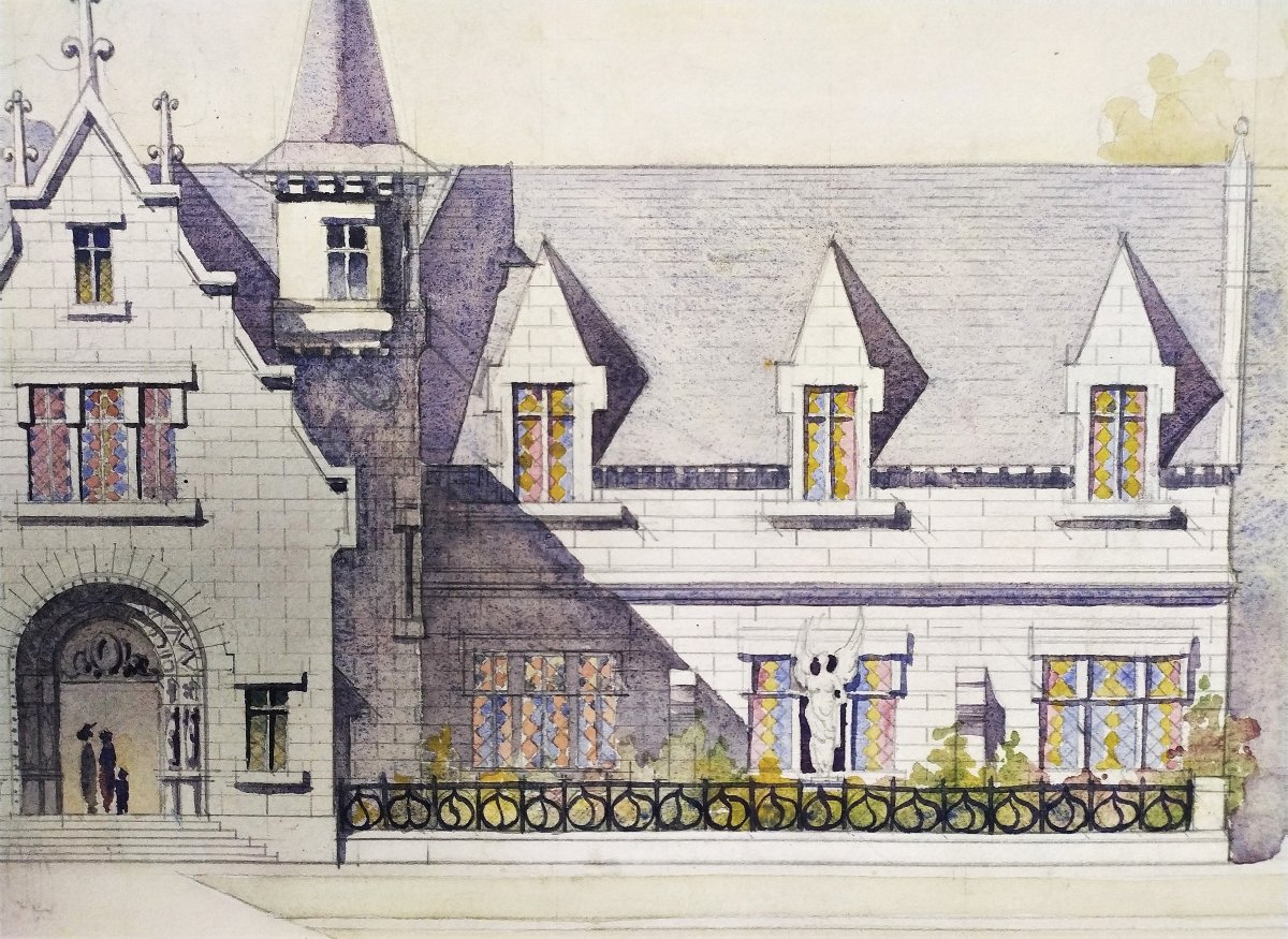 Dessin d'Architecture Aquarelle Manoir Néo-gothique -photo-3