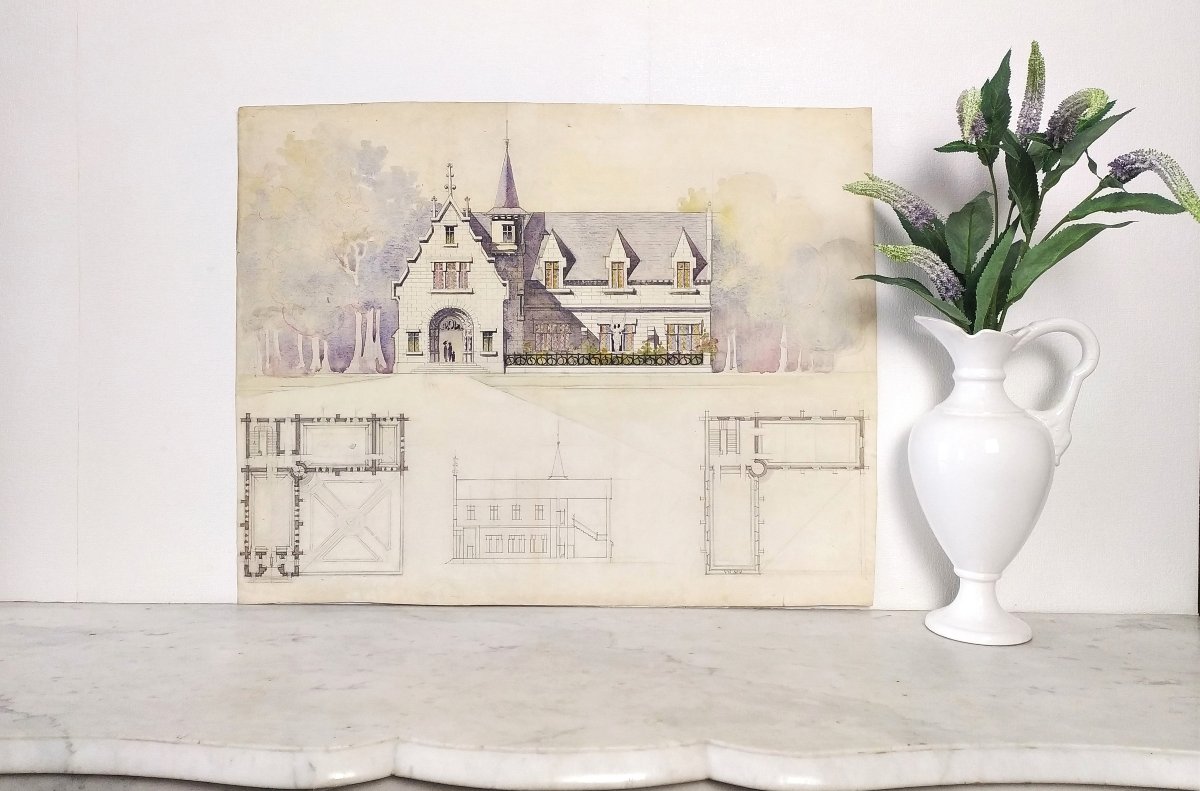 Dessin d'Architecture Aquarelle Manoir Néo-gothique -photo-4
