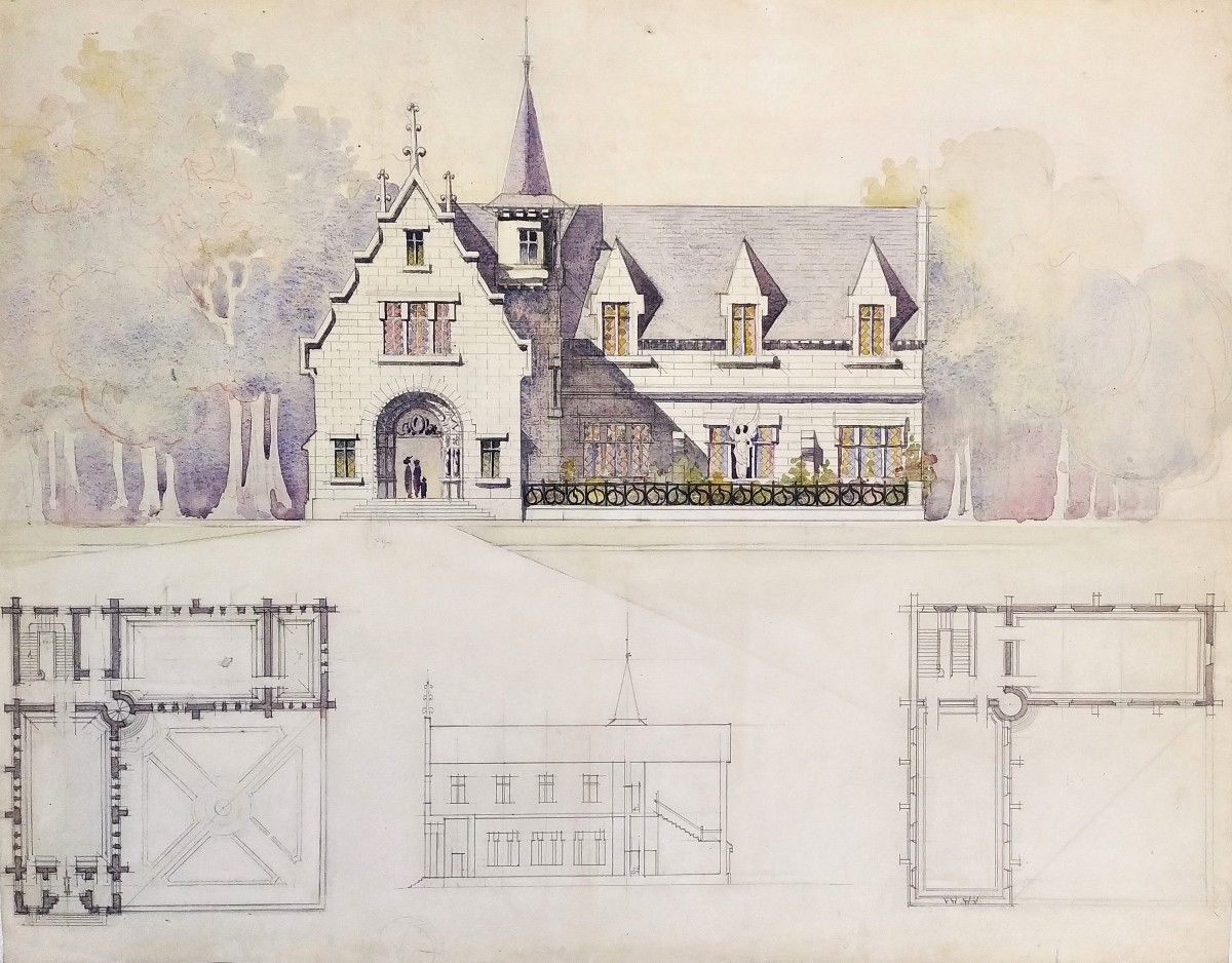 Dessin d'Architecture Aquarelle Manoir Néo-gothique 