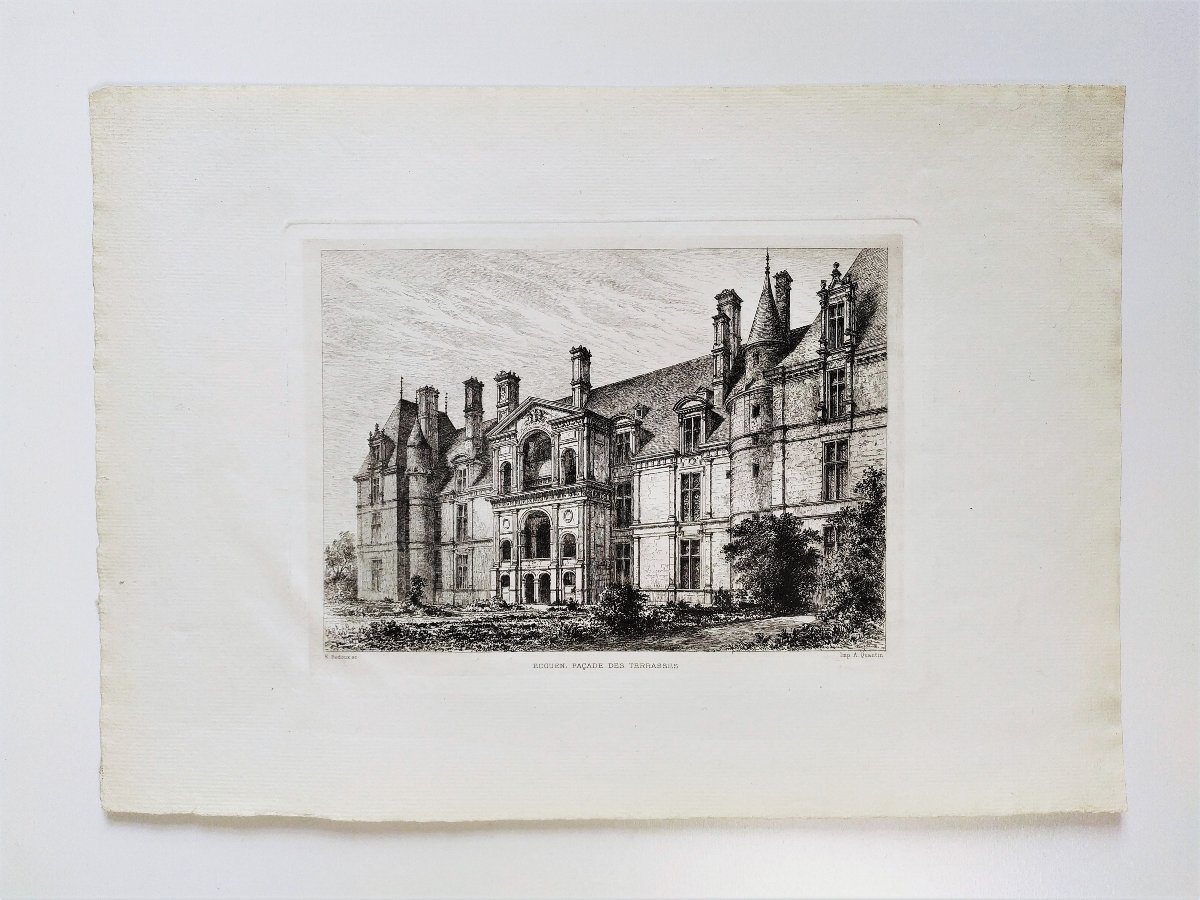Castle Of Ecouen Pair Of Etchings By Eugène Sadoux 19th Century Old Print-photo-2