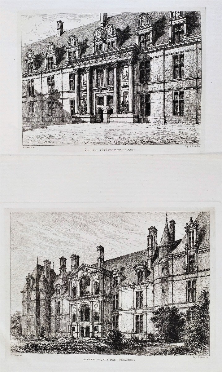Castle Of Ecouen Pair Of Etchings By Eugène Sadoux 19th Century Old Print