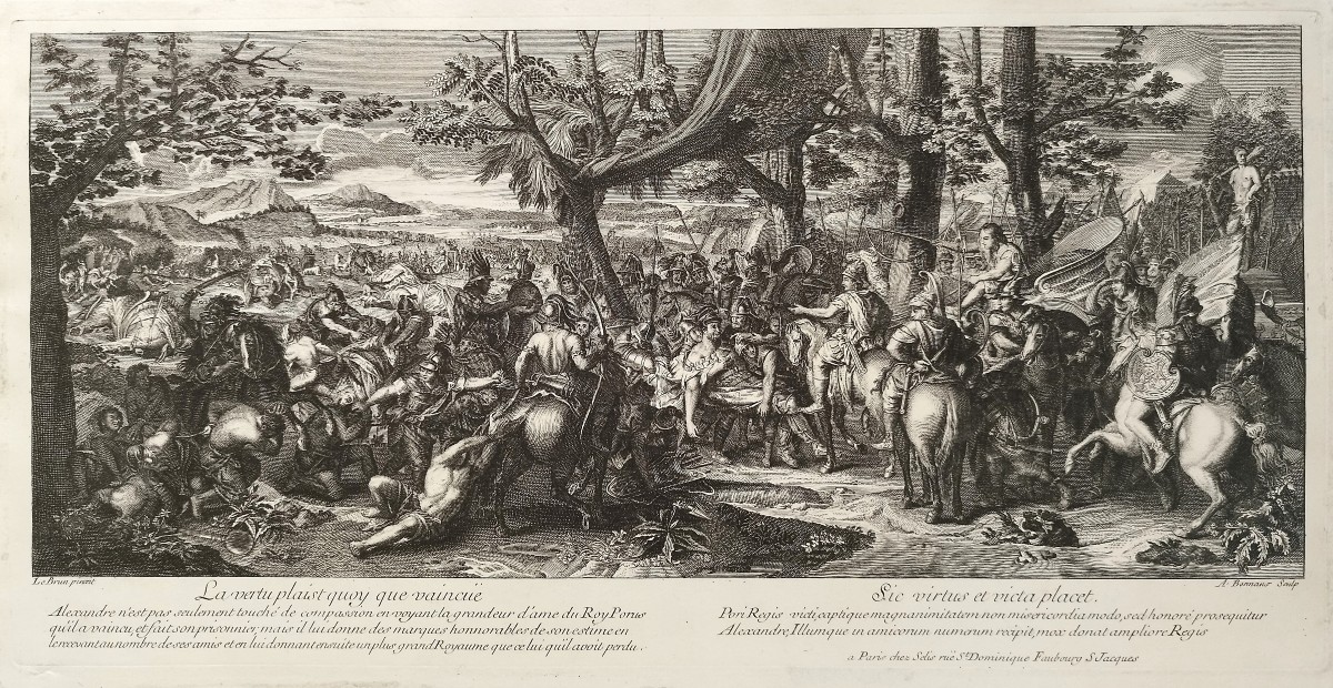 Alexandre et Roi Poros Bataille Gravure d'après Charles Le Brun 18ème