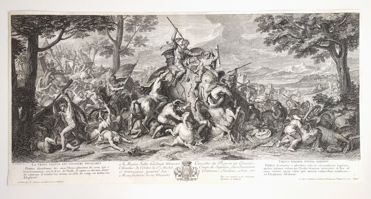  Défaite de Poros bataille d'Alexandre gravure par Audran d'après Charles Le Brun 18ème-photo-2