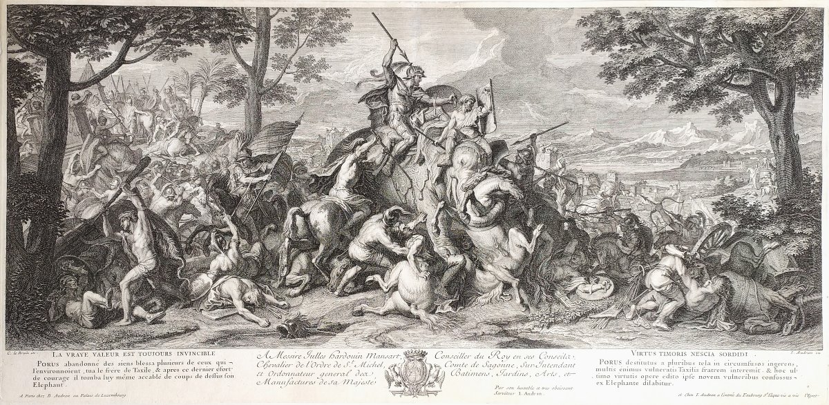  Défaite de Poros bataille d'Alexandre gravure par Audran d'après Charles Le Brun 18ème-photo-3