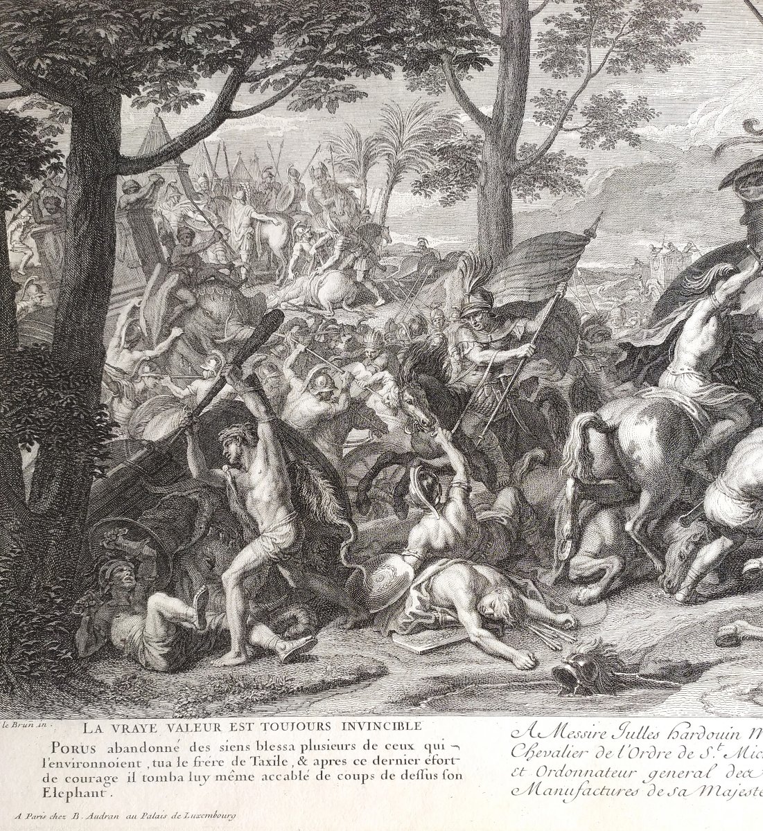  Défaite de Poros bataille d'Alexandre gravure par Audran d'après Charles Le Brun 18ème-photo-1