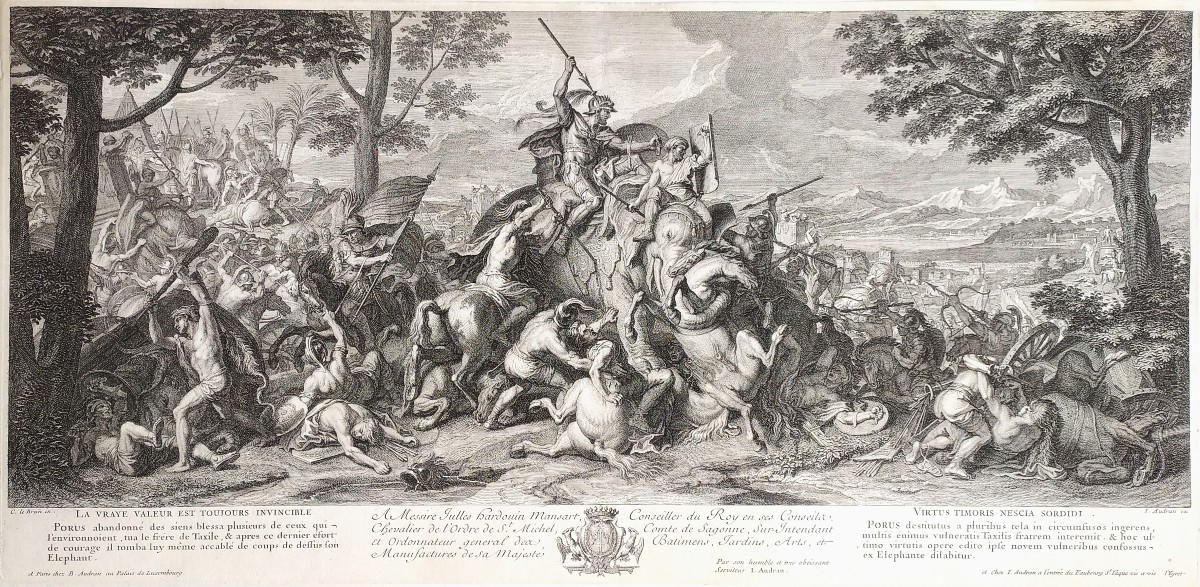  Défaite de Poros bataille d'Alexandre gravure par Audran d'après Charles Le Brun 18ème