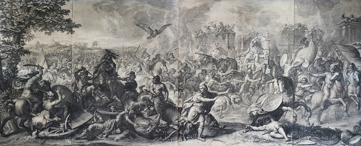 Bataille d'Arbelles d'Alexandre Grande Gravure d'Après Charles Lebrun 17ème