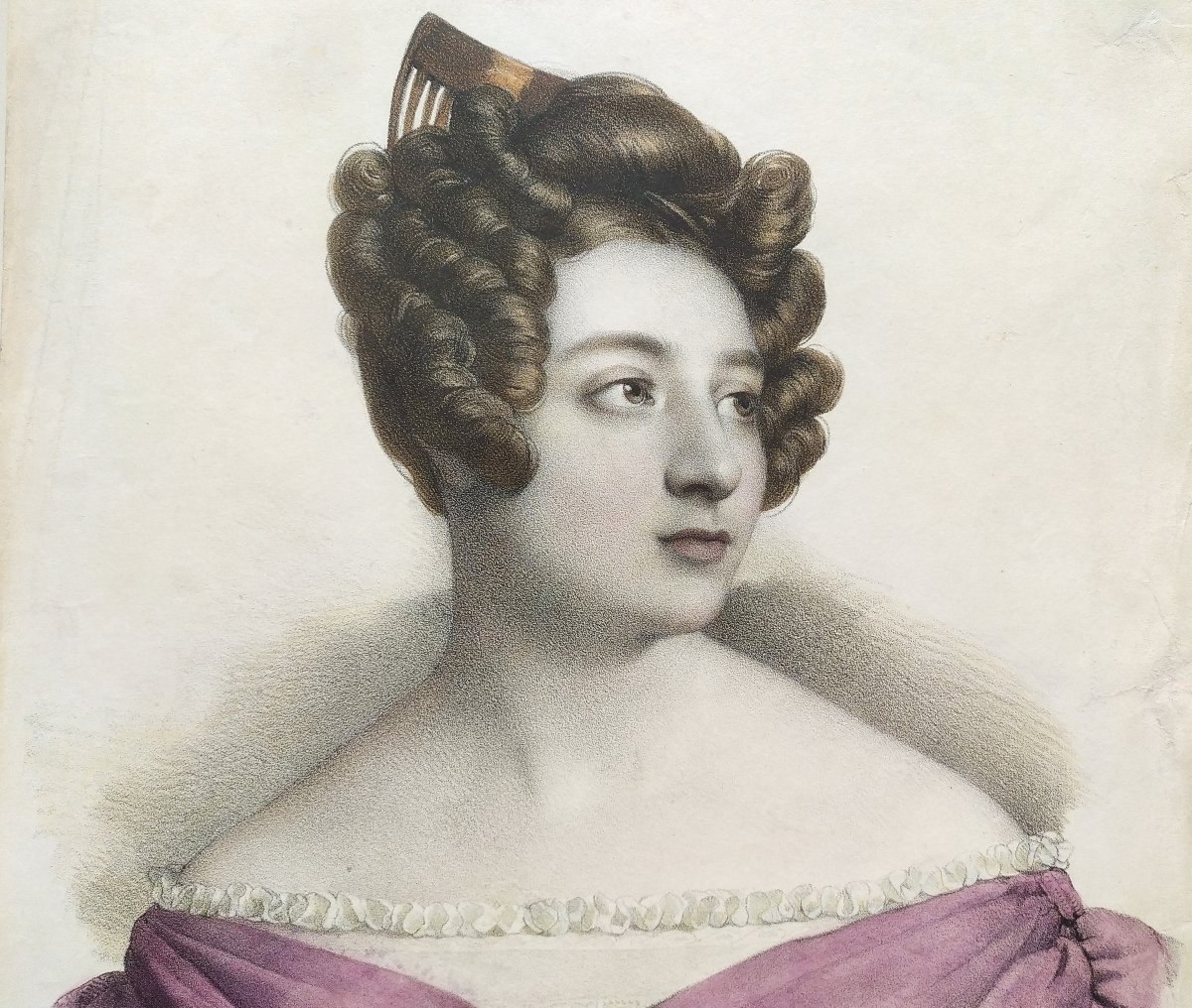  Portrait de Femme Par Henri Grévedon Lithographie Aquarellée 19ème-photo-1