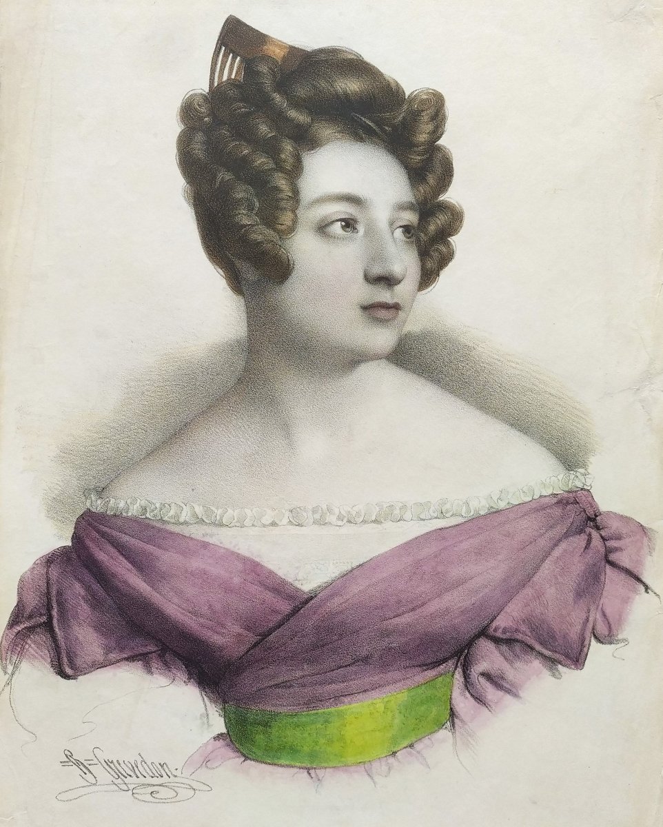  Portrait de Femme Par Henri Grévedon Lithographie Aquarellée 19ème-photo-2