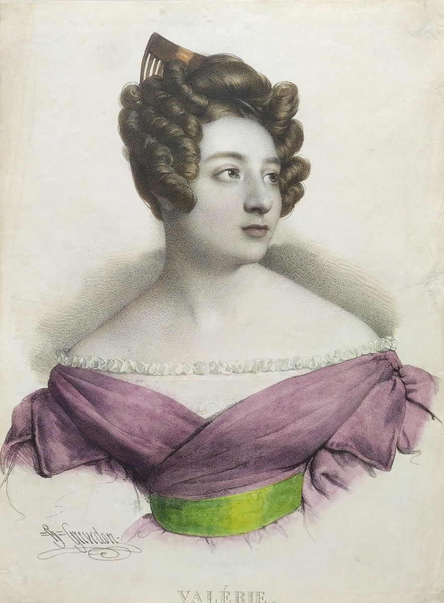  Portrait de Femme Par Henri Grévedon Lithographie Aquarellée 19ème