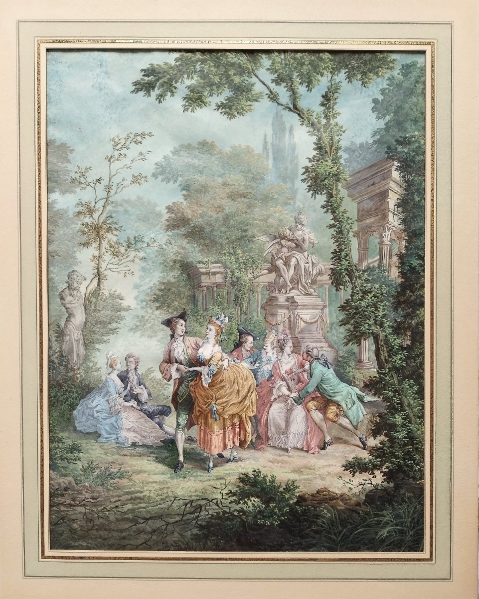Gallant Scene In The Style Of The 18th Century, Gouache Original-photo-4