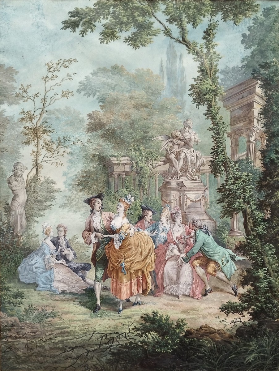 Gallant Scene In The Style Of The 18th Century, Gouache Original-photo-1