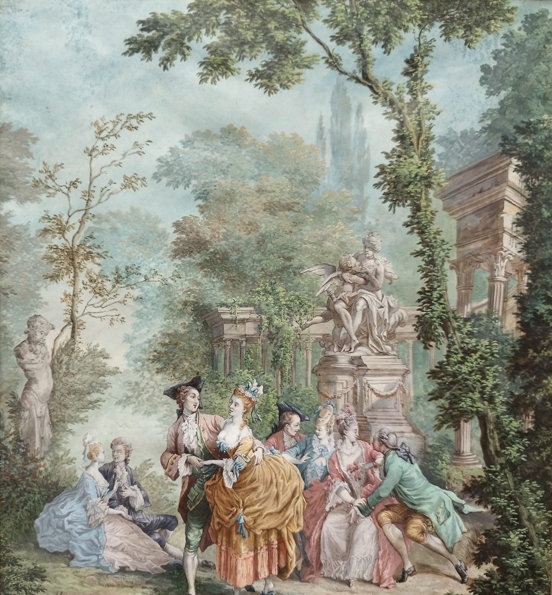 Gallant Scene In The Style Of The 18th Century, Gouache Original-photo-3