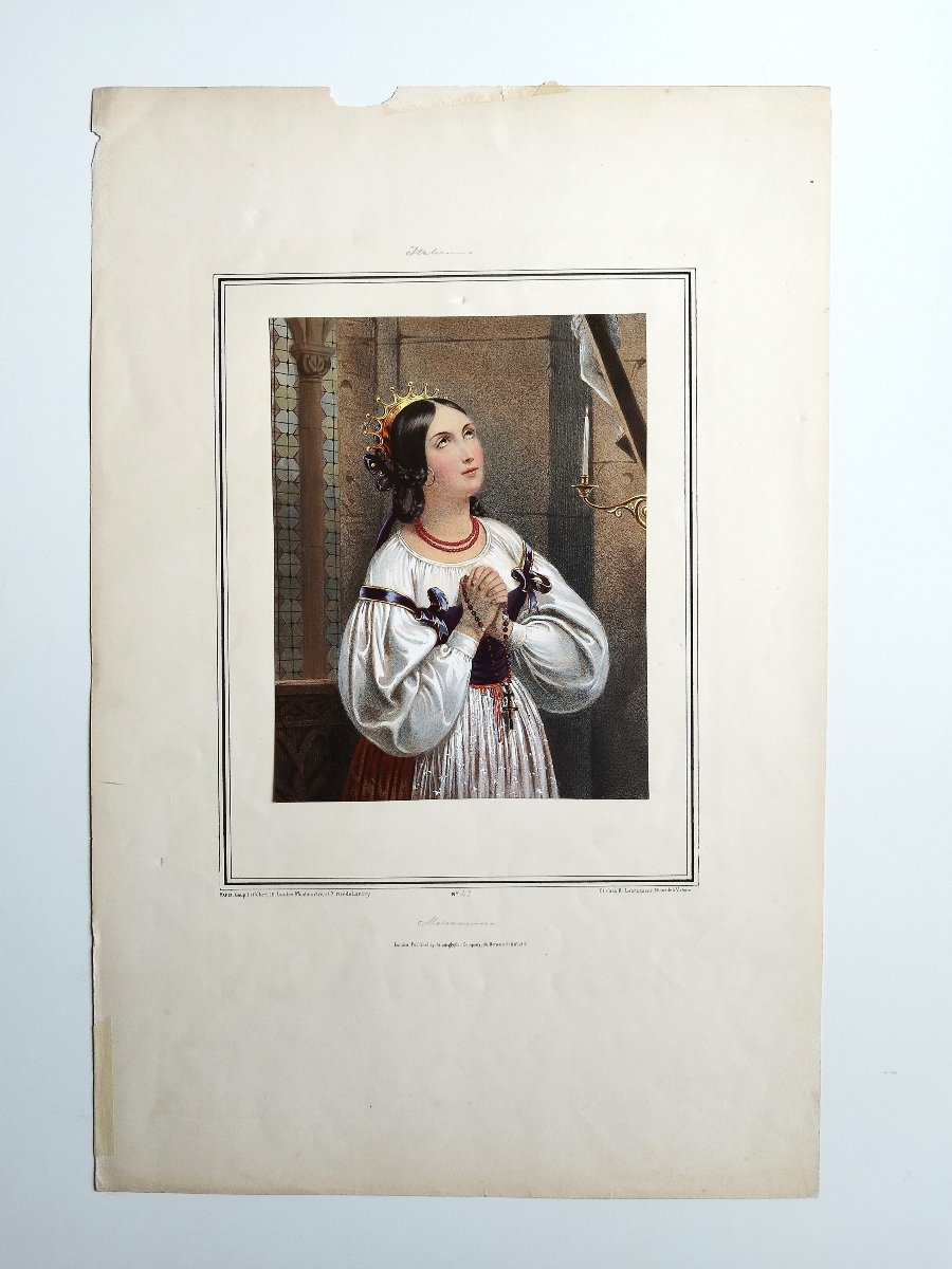 Italienne Portrait femme lithographie  aquarellée 19ème-photo-2