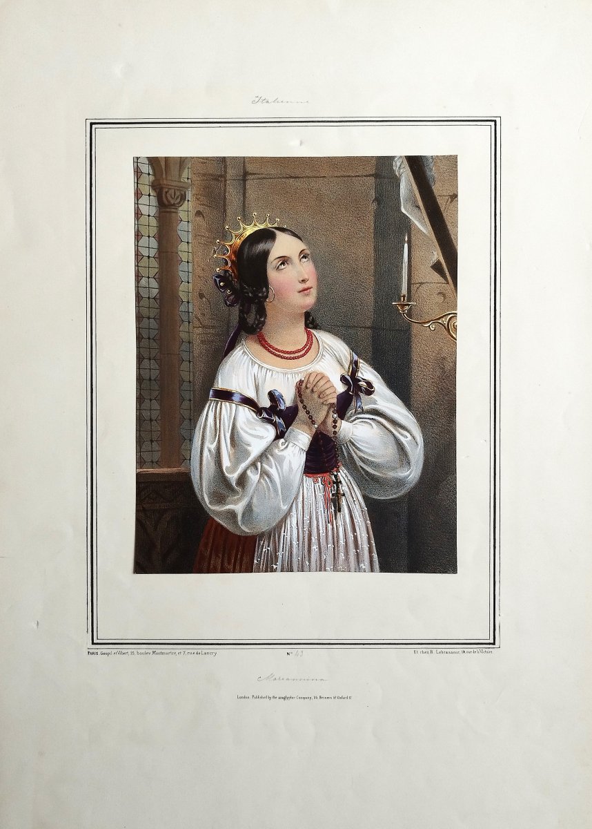 Italienne Portrait femme lithographie  aquarellée 19ème-photo-3