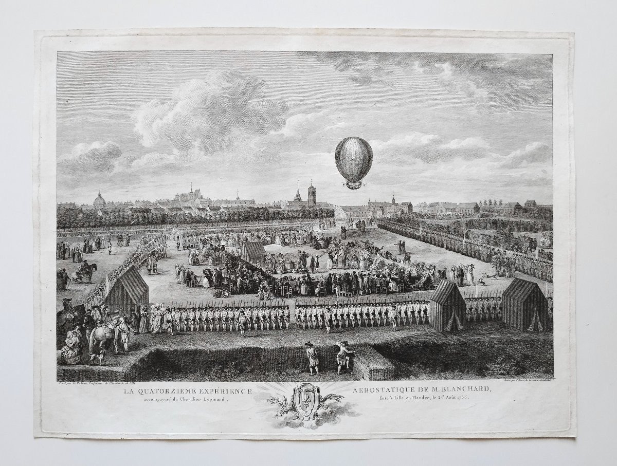 Blanchard's Hot Air Balloon In Lille, 18th Century Engraving After Watteau-photo-2