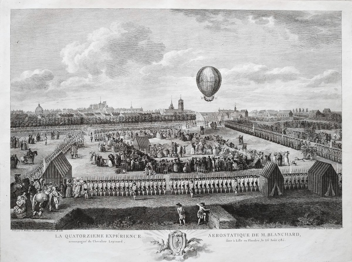Blanchard's Hot Air Balloon In Lille, 18th Century Engraving After Watteau-photo-3