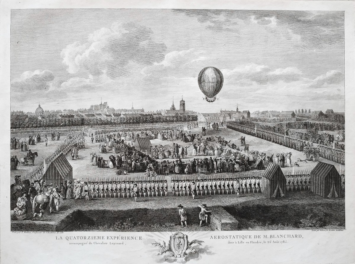 Blanchard's Hot Air Balloon In Lille, 18th Century Engraving After Watteau