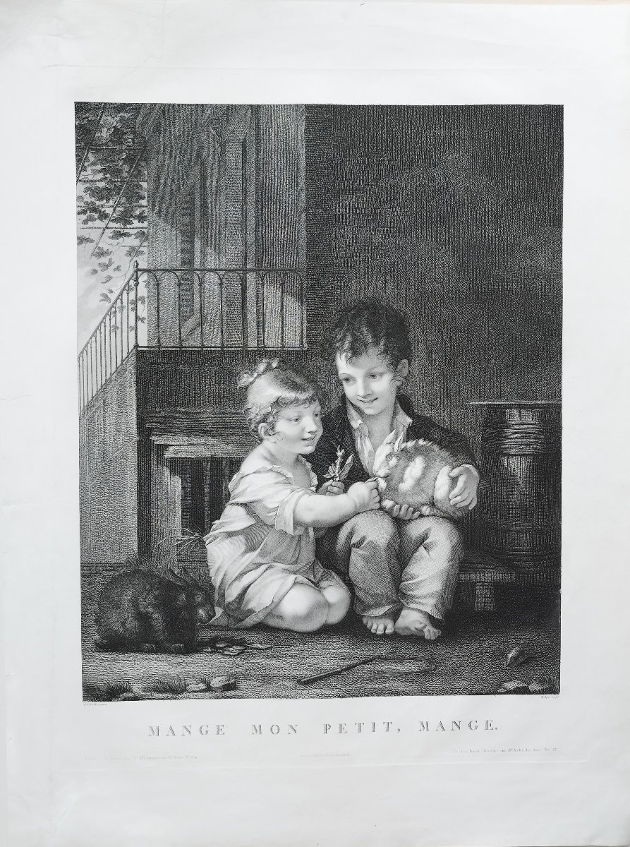 Children Rabbits Engraving By B. Roger After P. Prud'hon 19th C Etching Old Print-photo-2