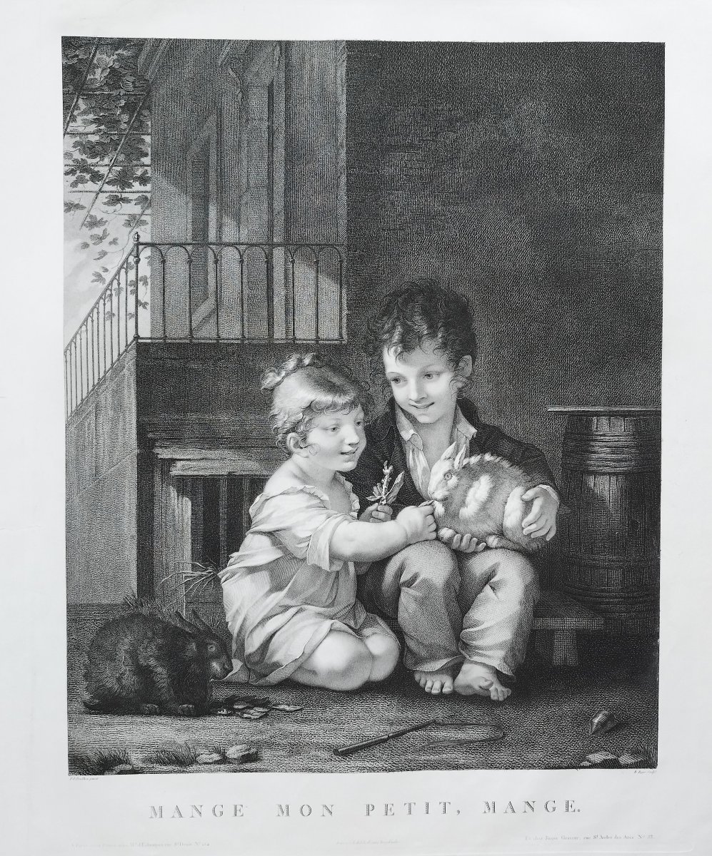 Children Rabbits Engraving By B. Roger After P. Prud'hon 19th C Etching Old Print-photo-3