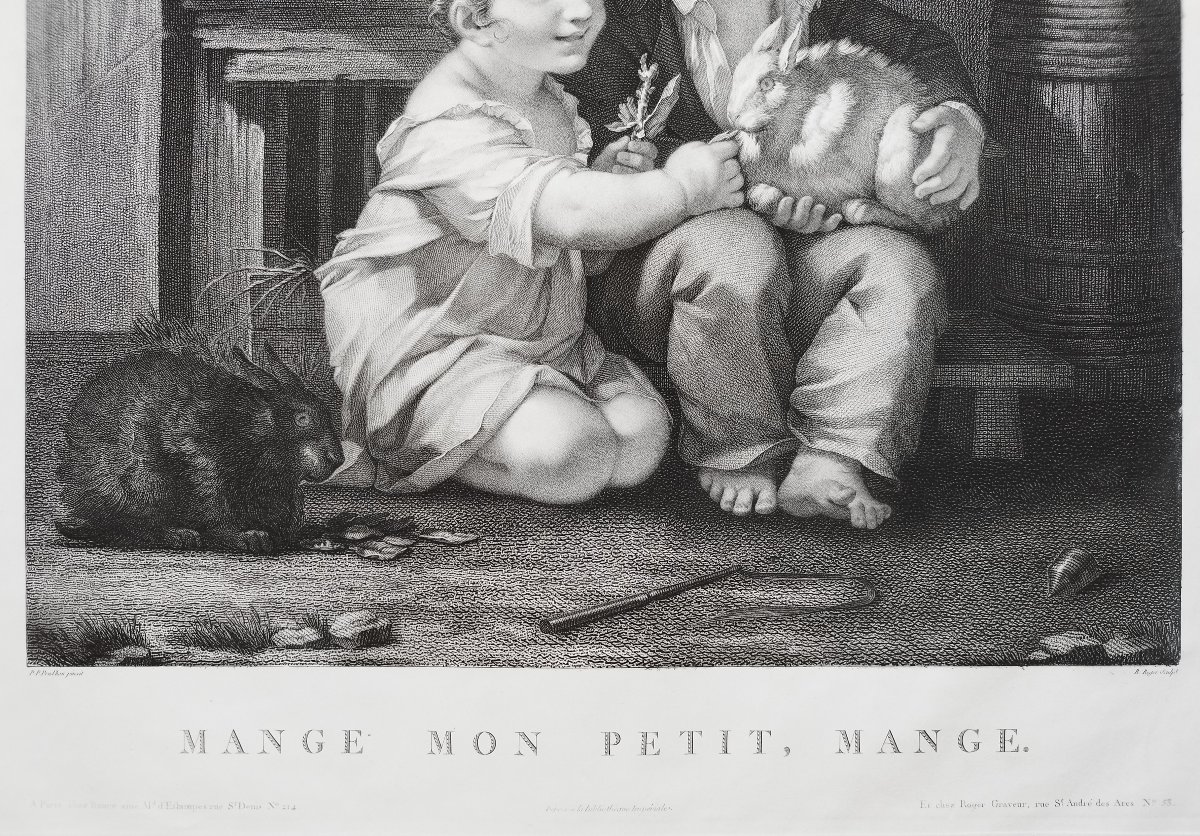Children Rabbits Engraving By B. Roger After P. Prud'hon 19th C Etching Old Print-photo-4