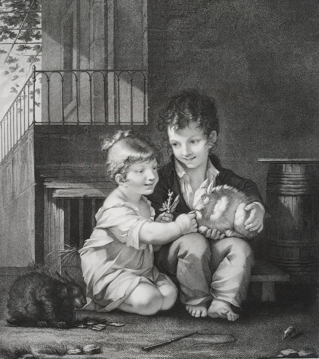 Children Rabbits Engraving By B. Roger After P. Prud'hon 19th C Etching Old Print-photo-2
