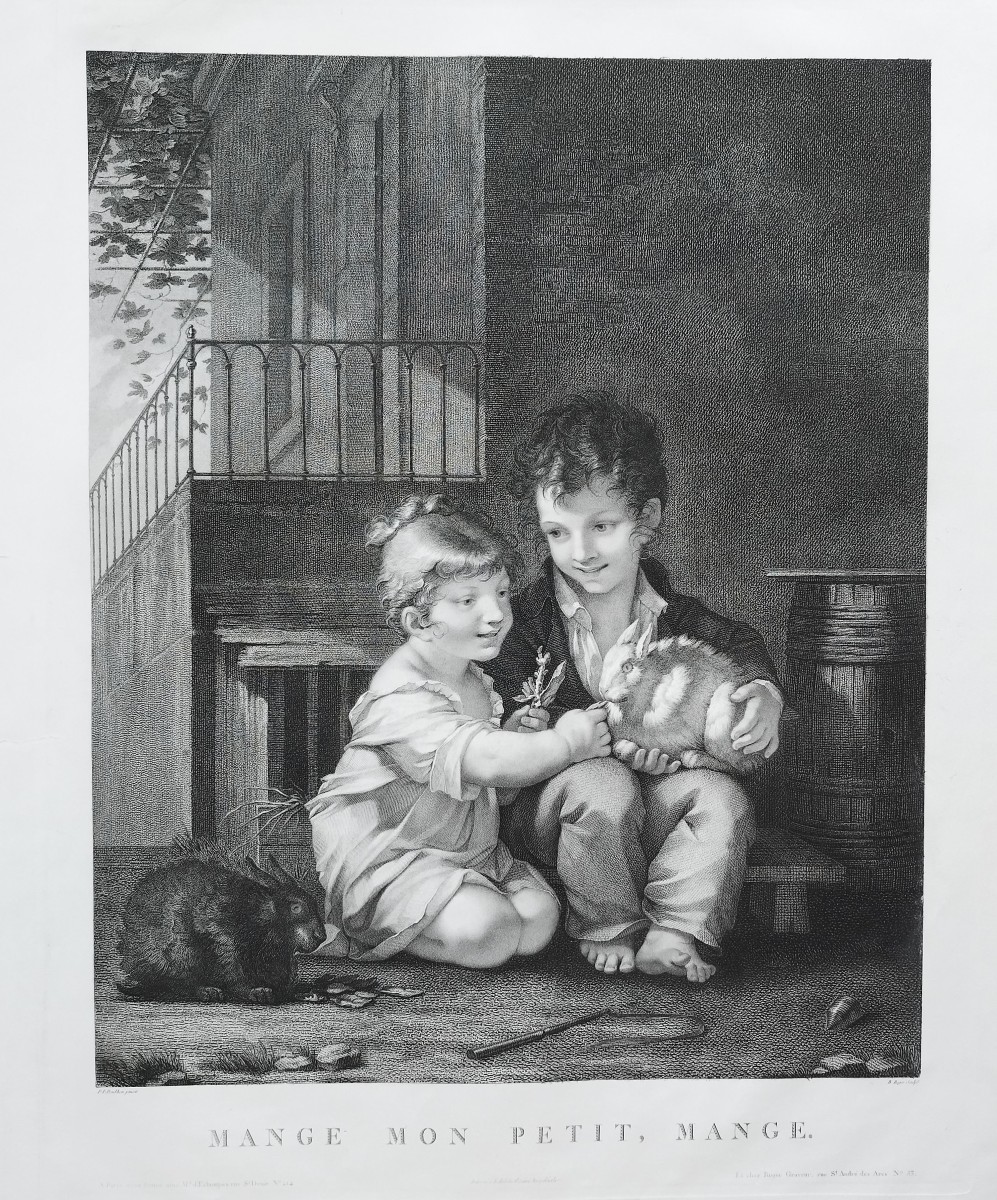 Children Rabbits Engraving By B. Roger After P. Prud'hon 19th C Etching Old Print