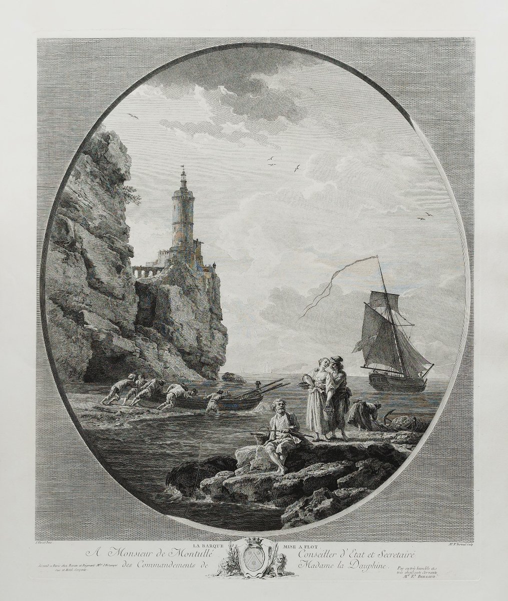 Seascape Engraving The Boat Put To Sea After Joseph Vernet By Marie-rosalie Bertaud Etching-photo-3