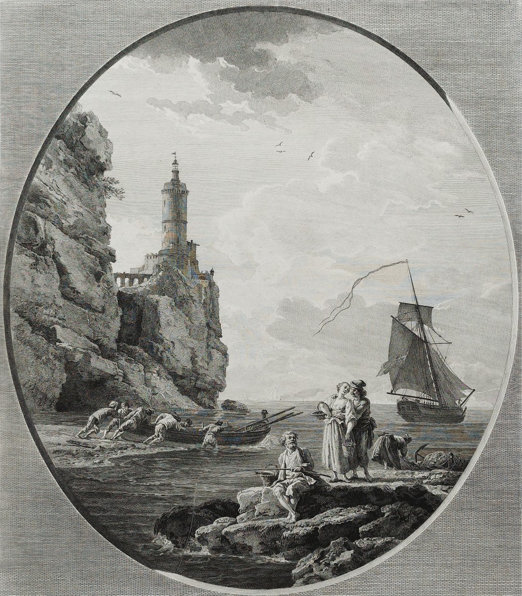 Seascape Engraving The Boat Put To Sea After Joseph Vernet By Marie-rosalie Bertaud Etching-photo-1