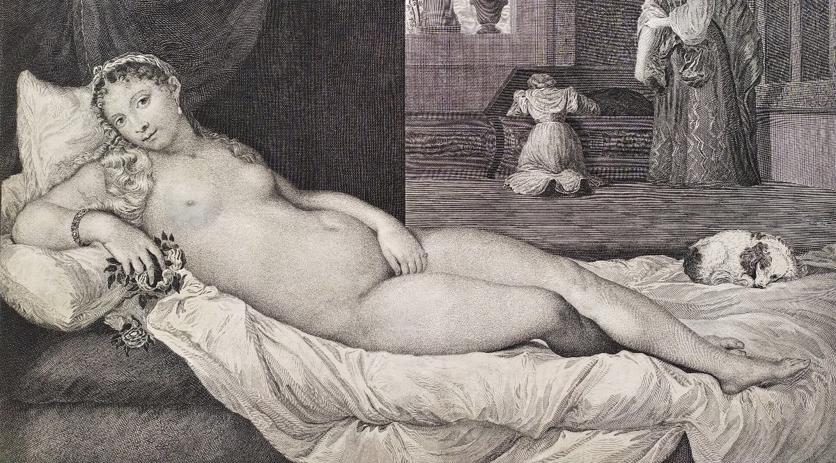 Venus Of Urbino 18th C Engraving After Titian  Mythological Etching Old Print-photo-1