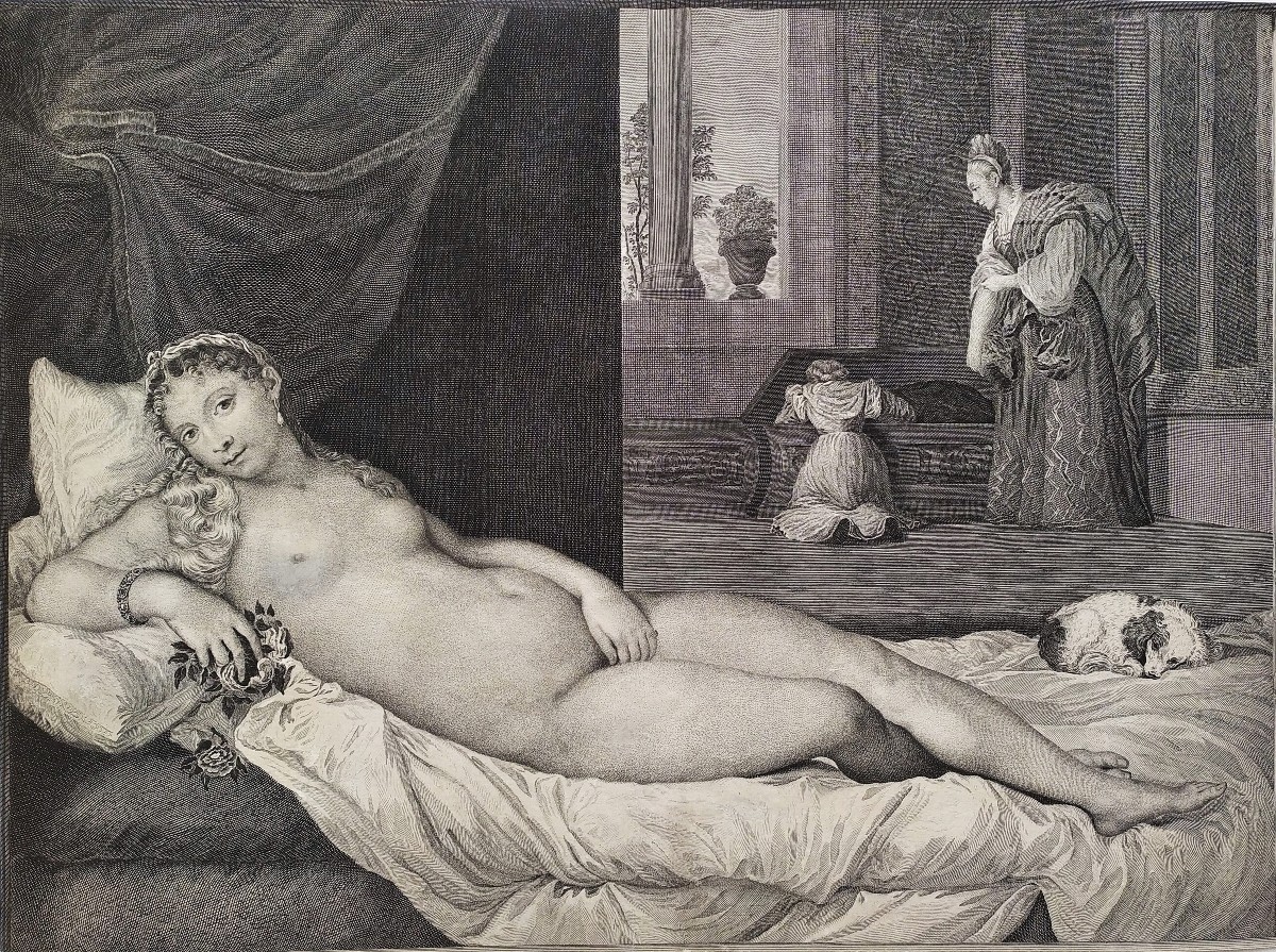 Venus Of Urbino 18th C Engraving After Titian  Mythological Etching Old Print