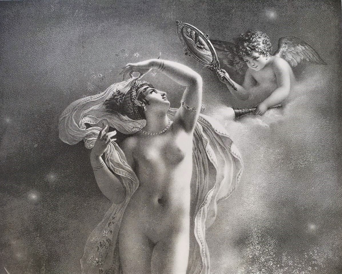 19th Century Mythological Lithograph Of Danaë -photo-3