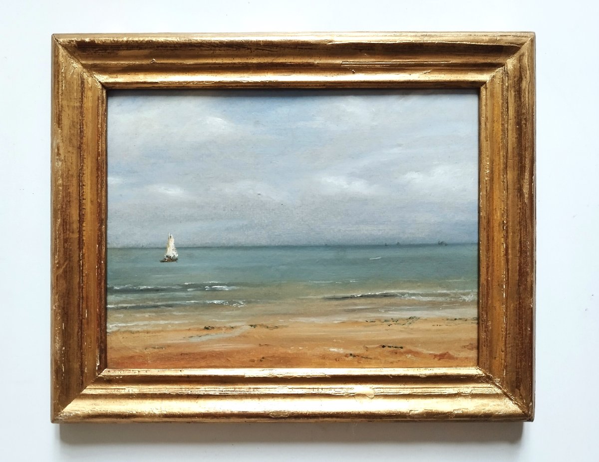 Tableau huile marine Voilier Bord de mer La plage de Normandie 19ème-photo-2