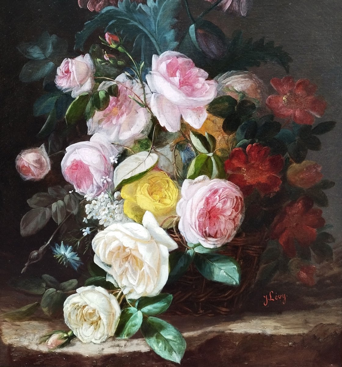 Still Life With Rose Flowers, Oil Painting By J. Lévy 19th C-photo-3