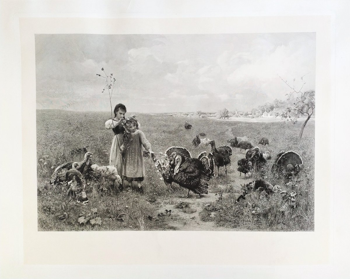 Grande Gravure 19ème  Fillettes et Dindons -photo-2
