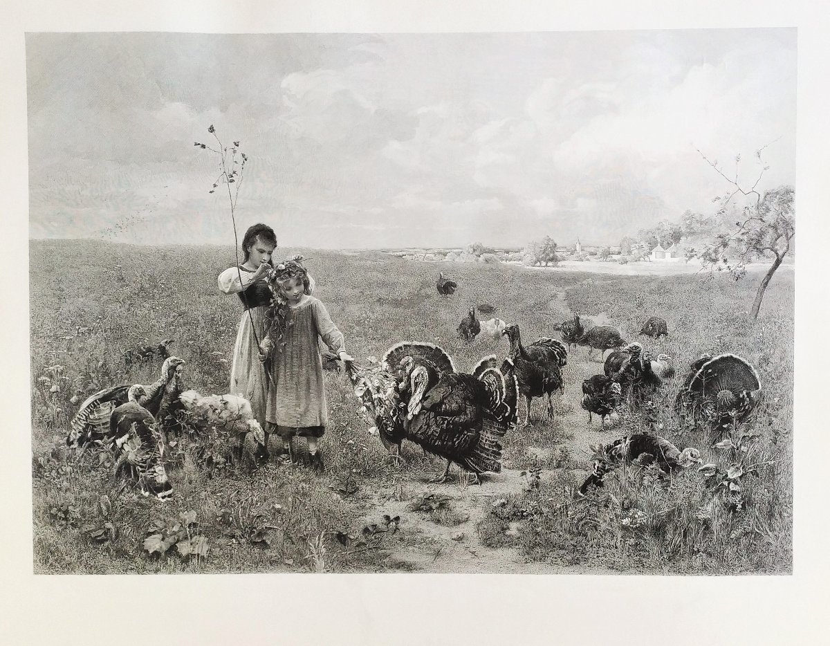 Grande Gravure 19ème  Fillettes et Dindons -photo-3
