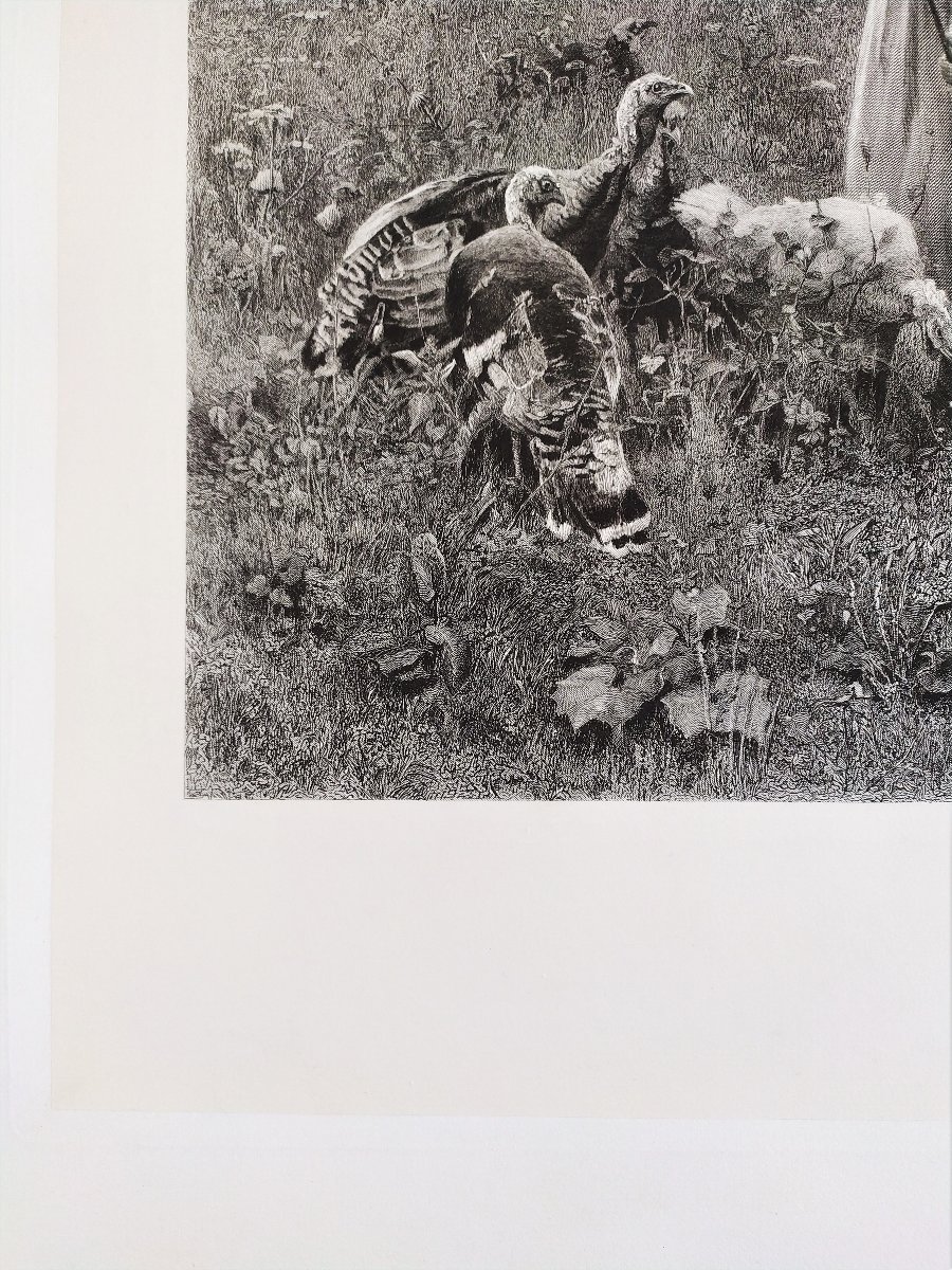 Grande Gravure 19ème  Fillettes et Dindons -photo-1