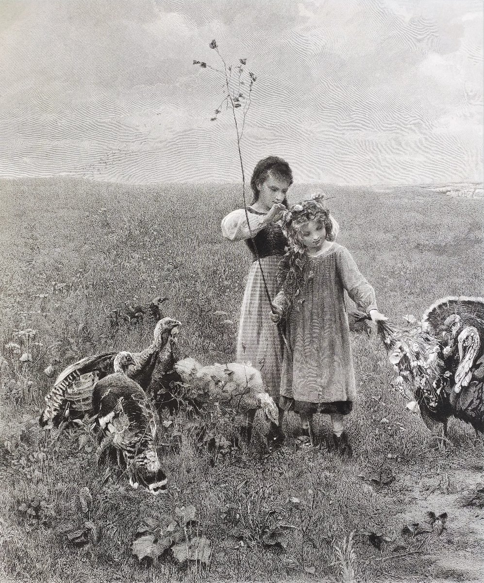 Grande Gravure 19ème  Fillettes et Dindons -photo-2