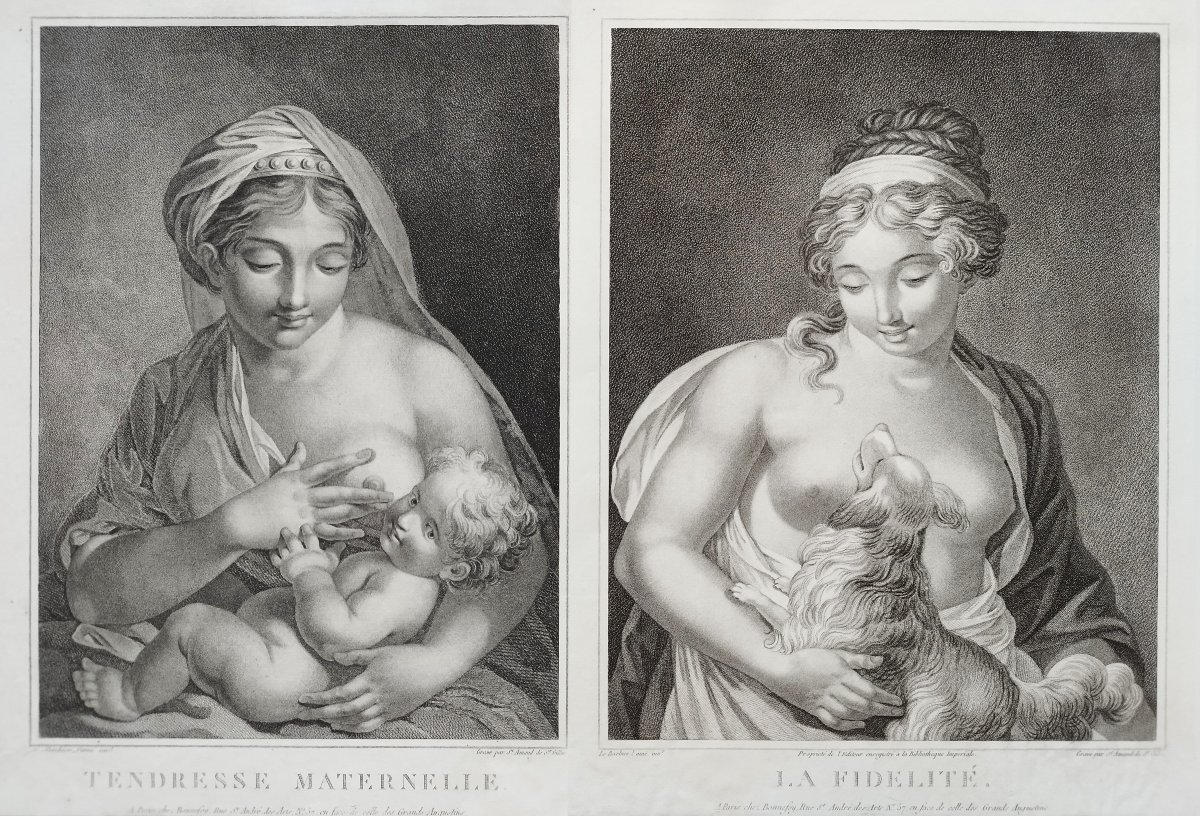 Paire De Gravures Allegoriques Néo Classique d'époque Empire Fidélité  Et Maternité 19ème-photo-2