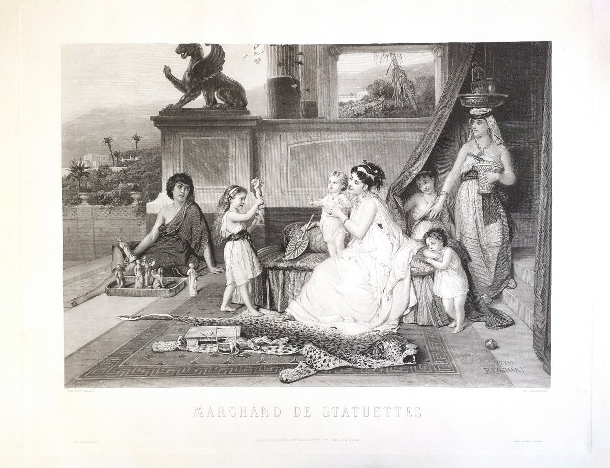 Gravure Marchand de statuettes d'Après Brochart  Scène à l'Antique 19ème-photo-2