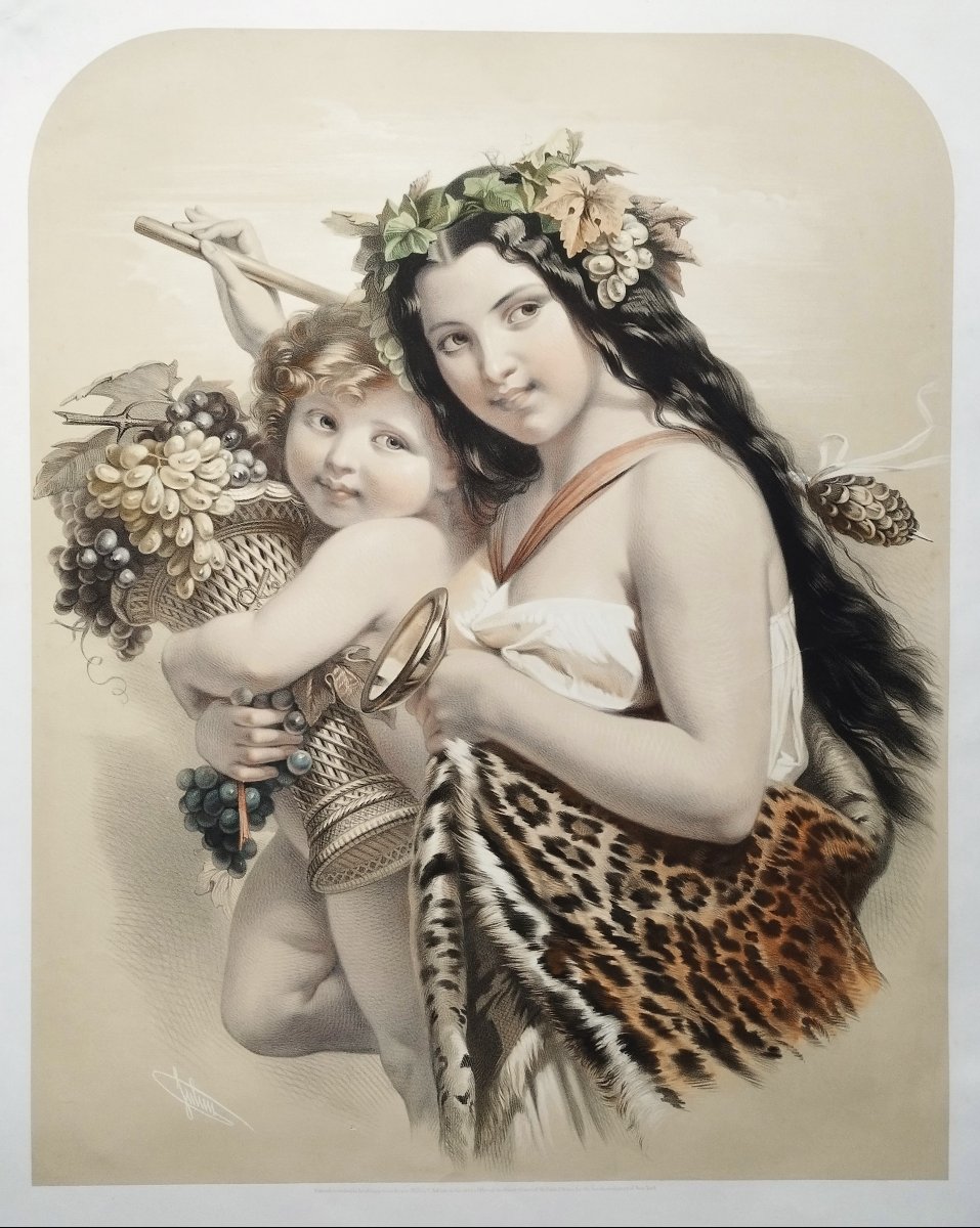Large Hand-colored Lithograph, An Allegory Of Autumn By Julien After Brochart 19th C Old Print-photo-3